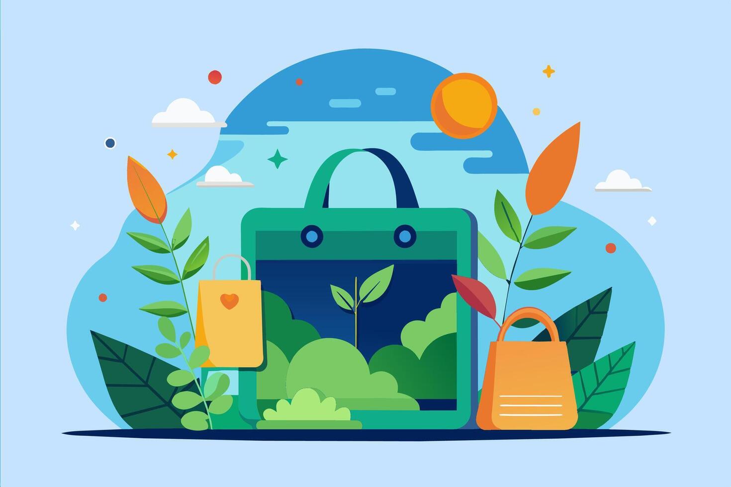 Green bag with plants and shopping bags vector