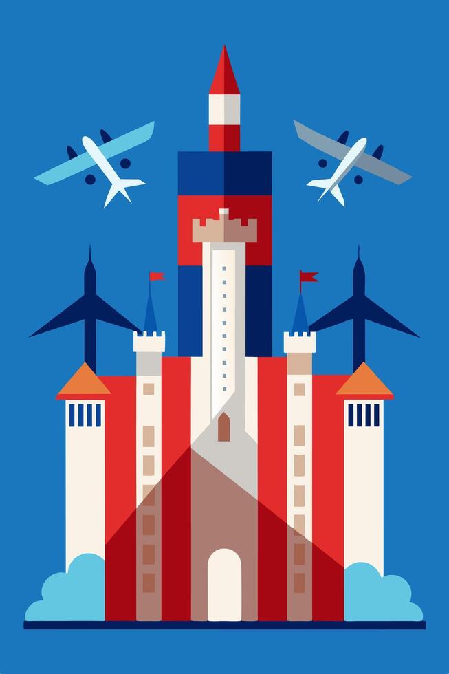 A castle with planes flying over it vector