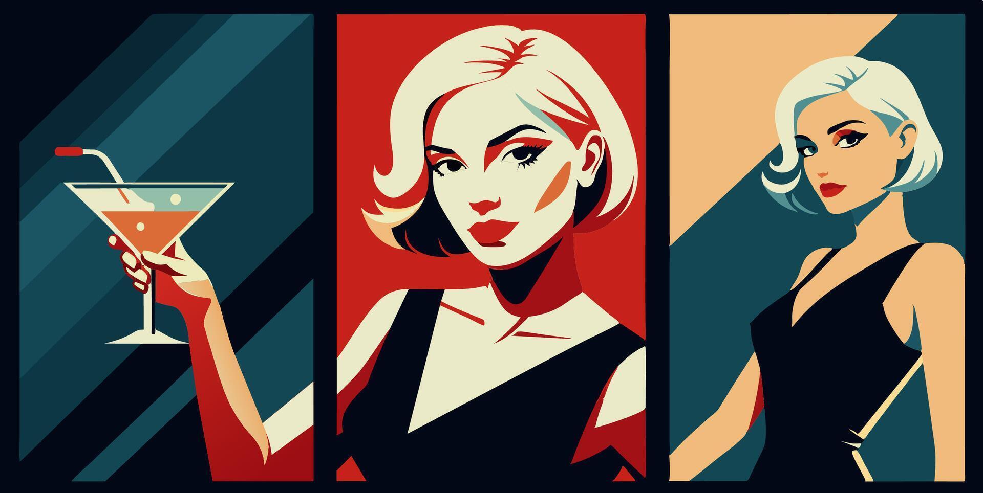 Three different posters with a woman holding a martini vector