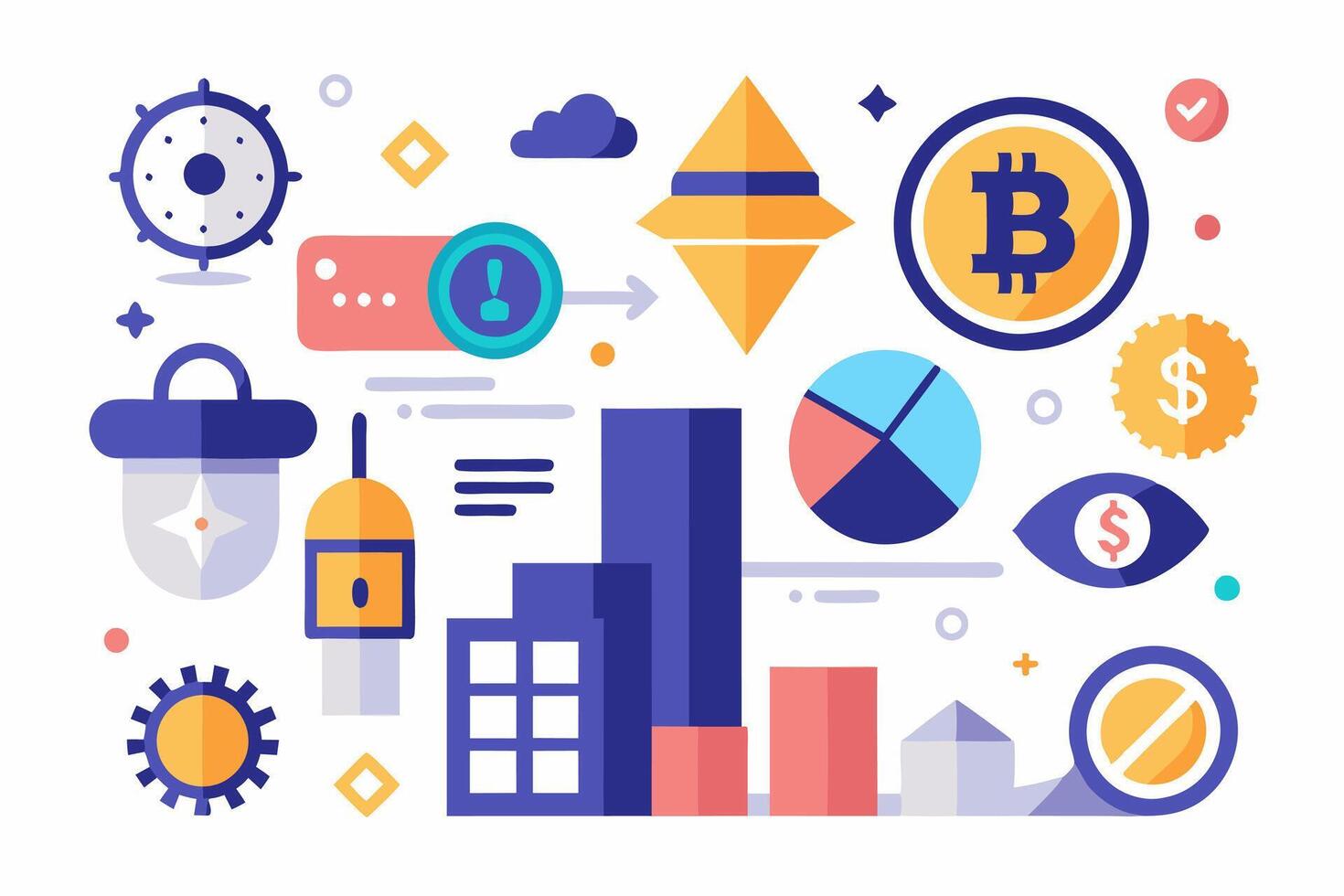 The cryptocurrency icons are shown in a flat design vector