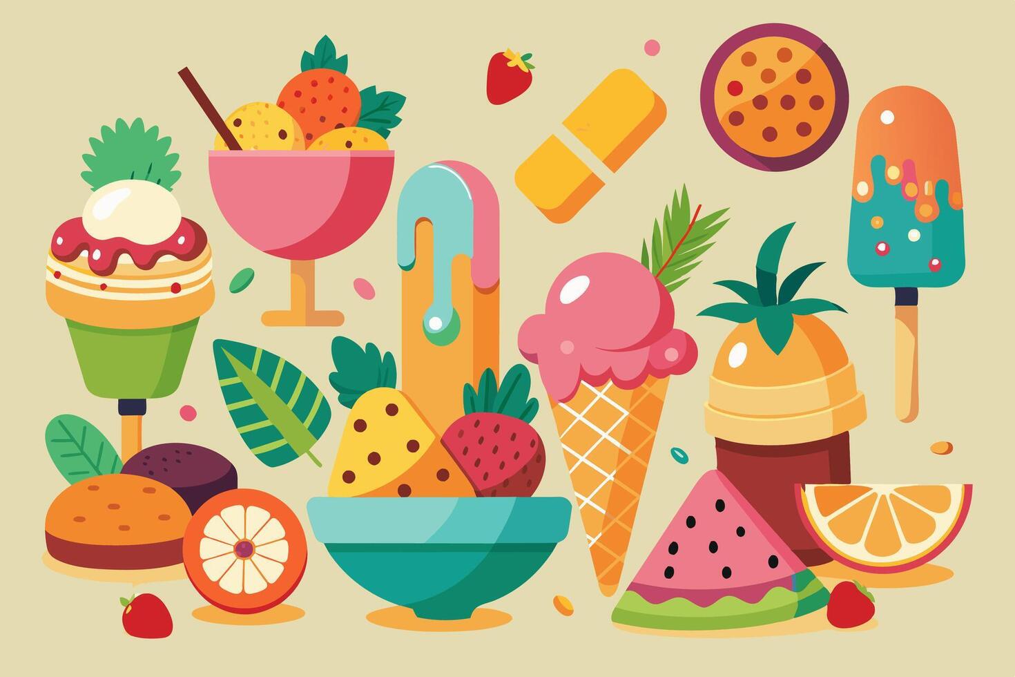 illustration of ice cream, fruit, and other desserts vector