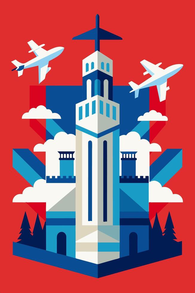 A poster with a tower and airplanes flying over it vector