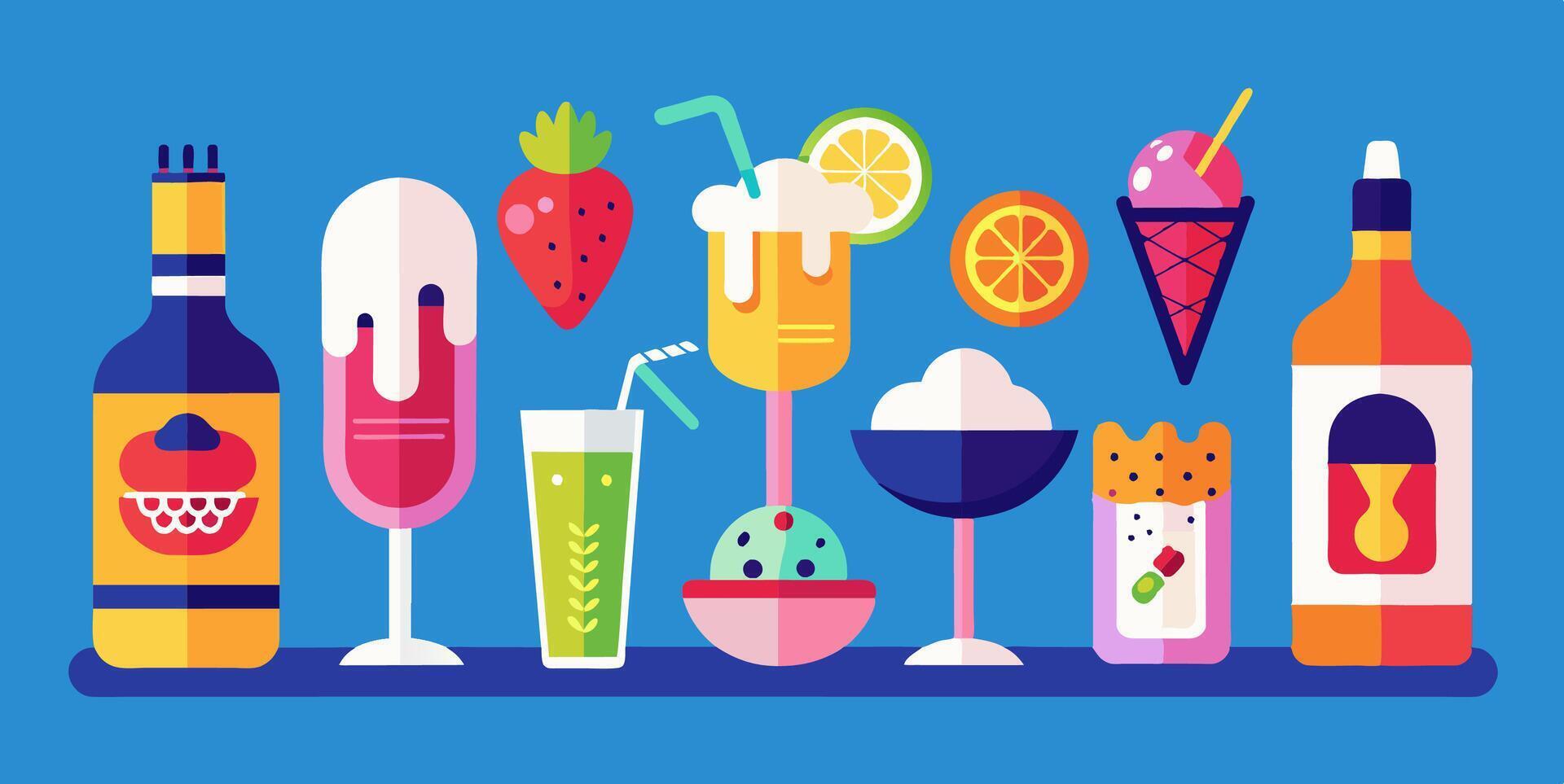 A collection of drinks and drinks on a blue background vector