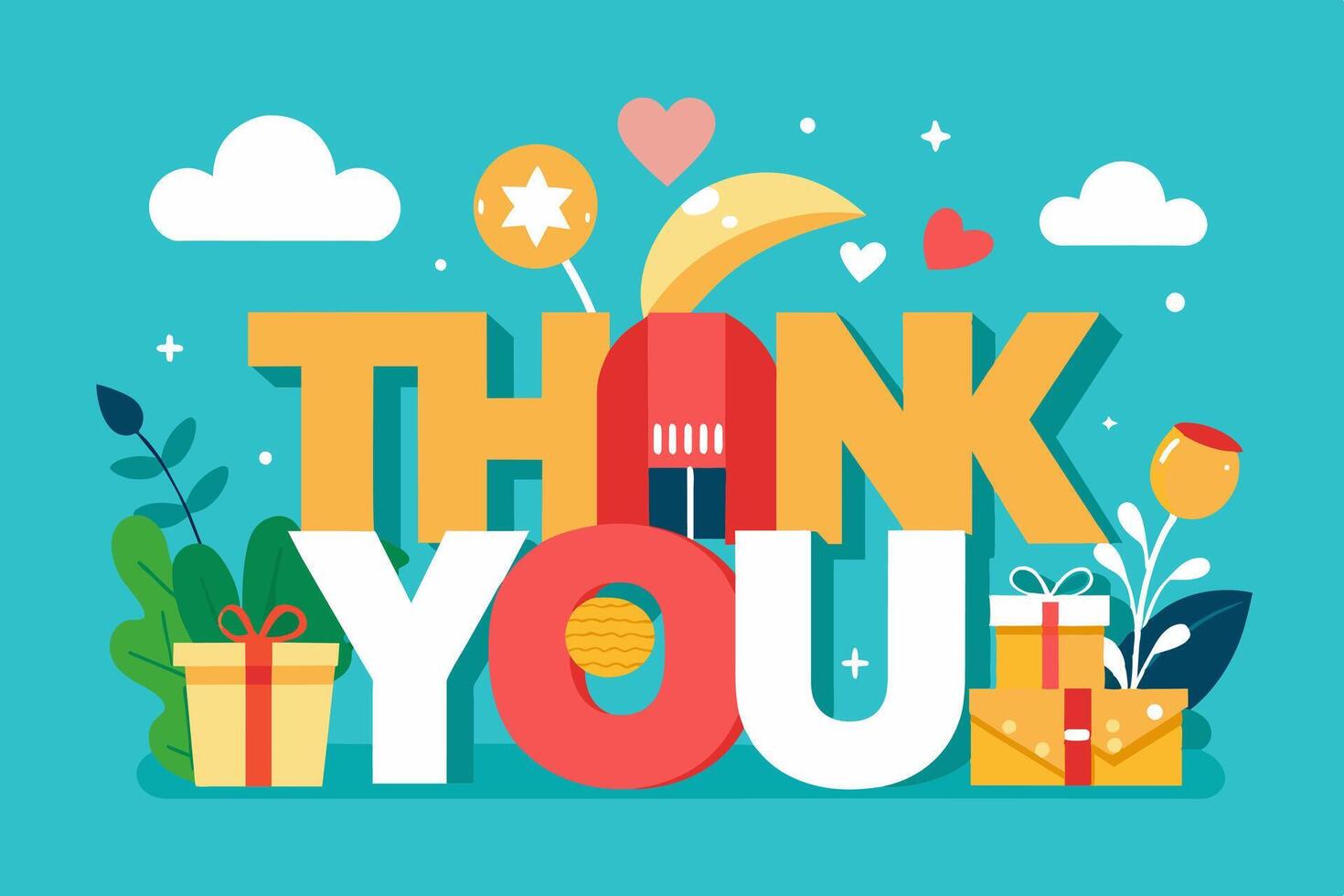 Thank you text with gift boxes and balloons vector