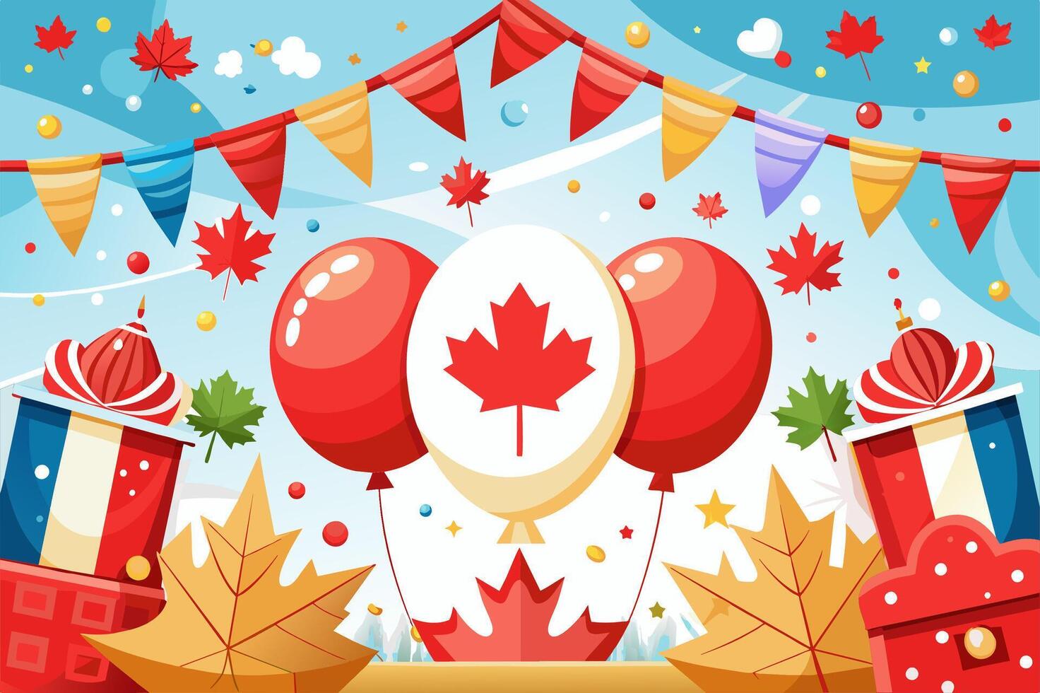 Canada day background with balloons, gifts and flags vector