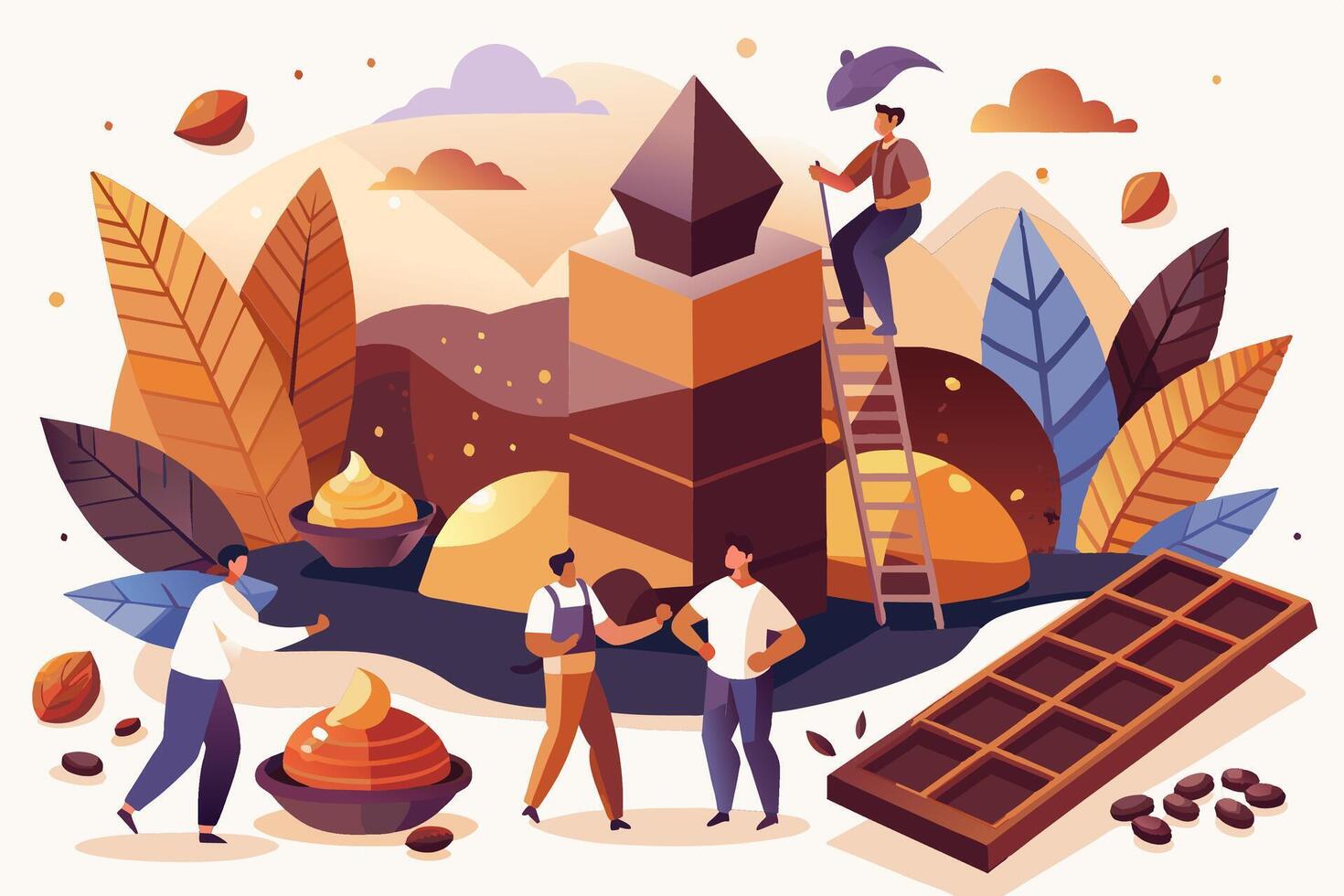 People working in a chocolate factory, with a bar of chocolate in the background vector