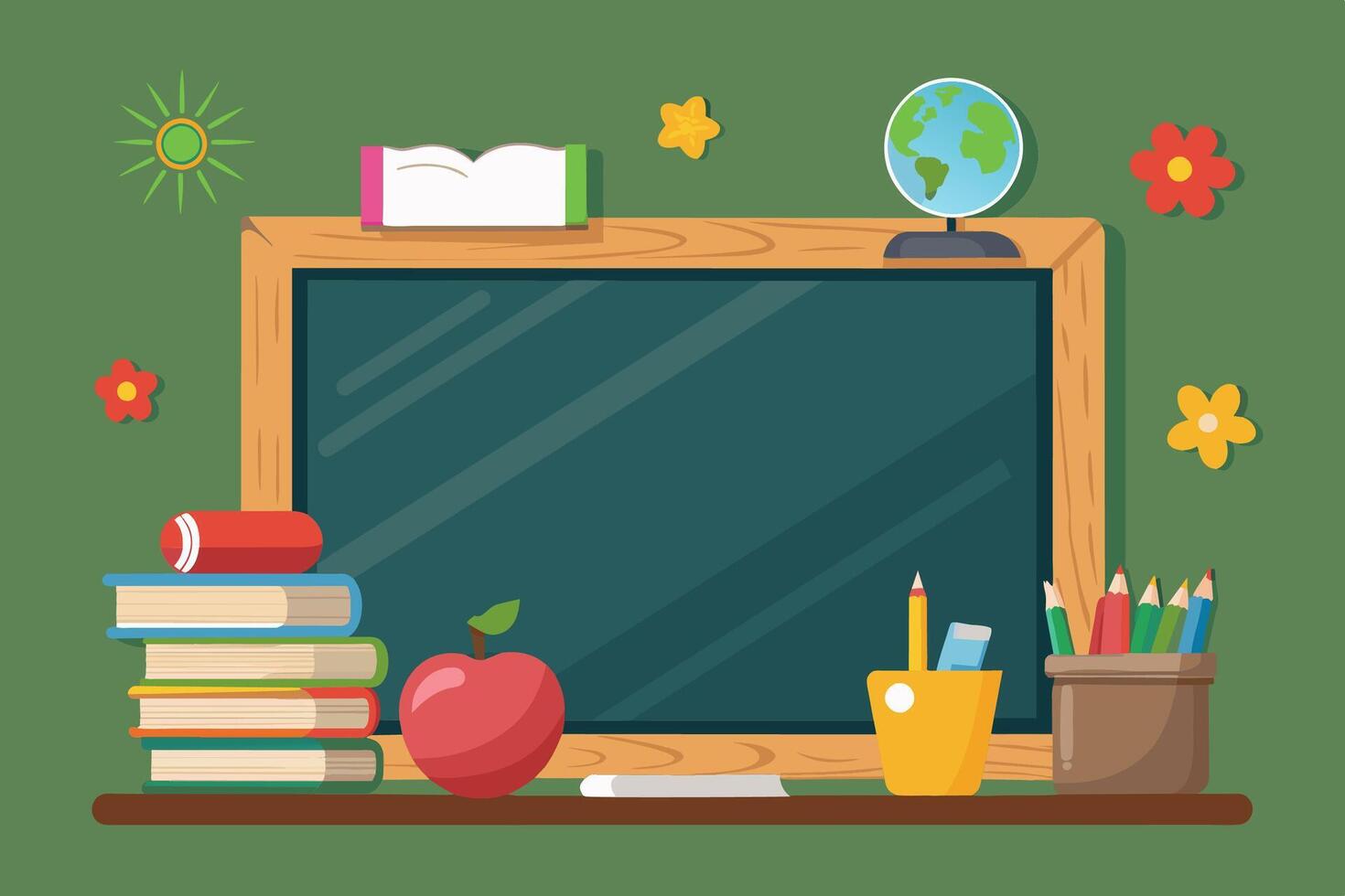 Back to school supplies and a chalkboard vector