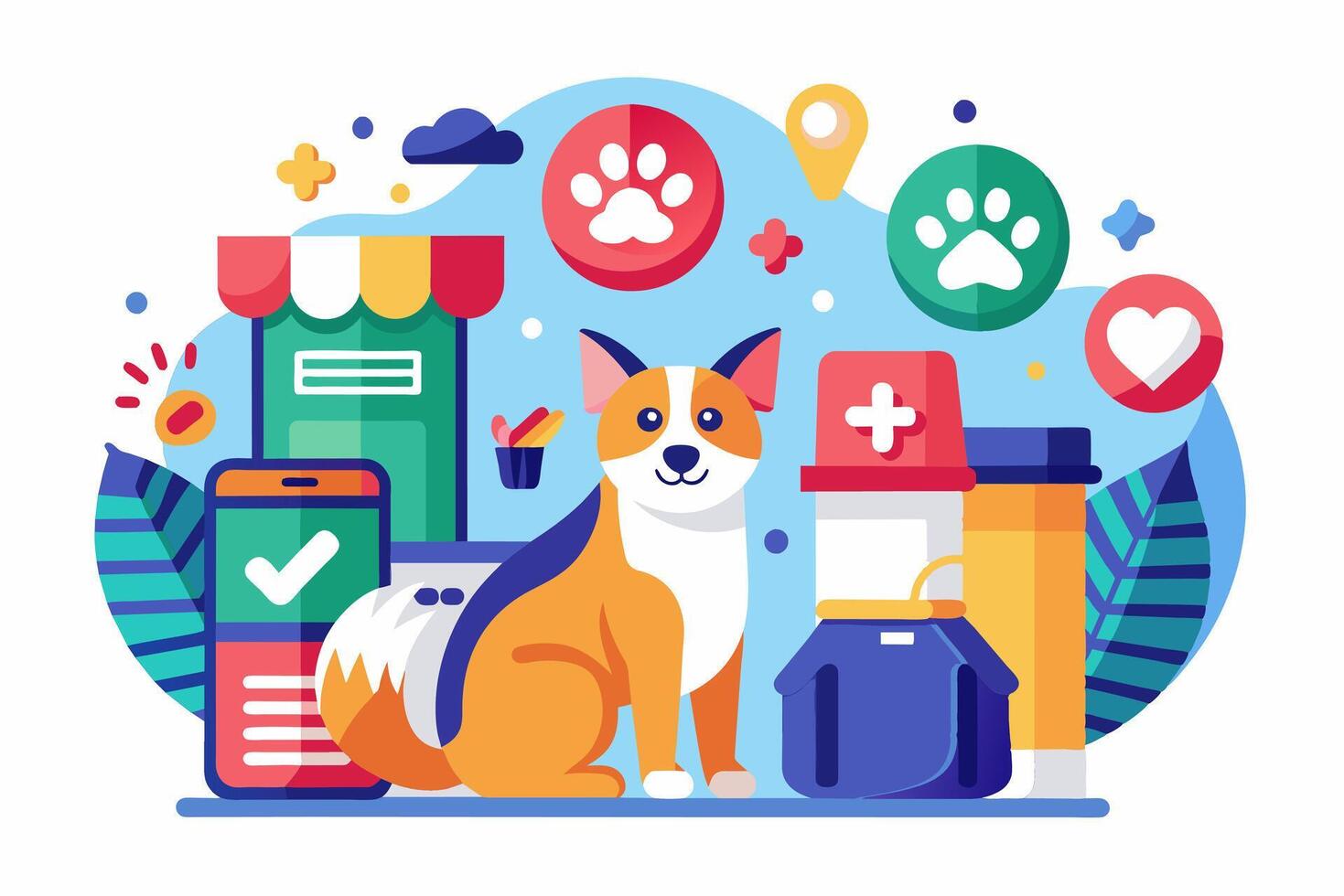 A dog is sitting in front of a computer with a phone and other items vector