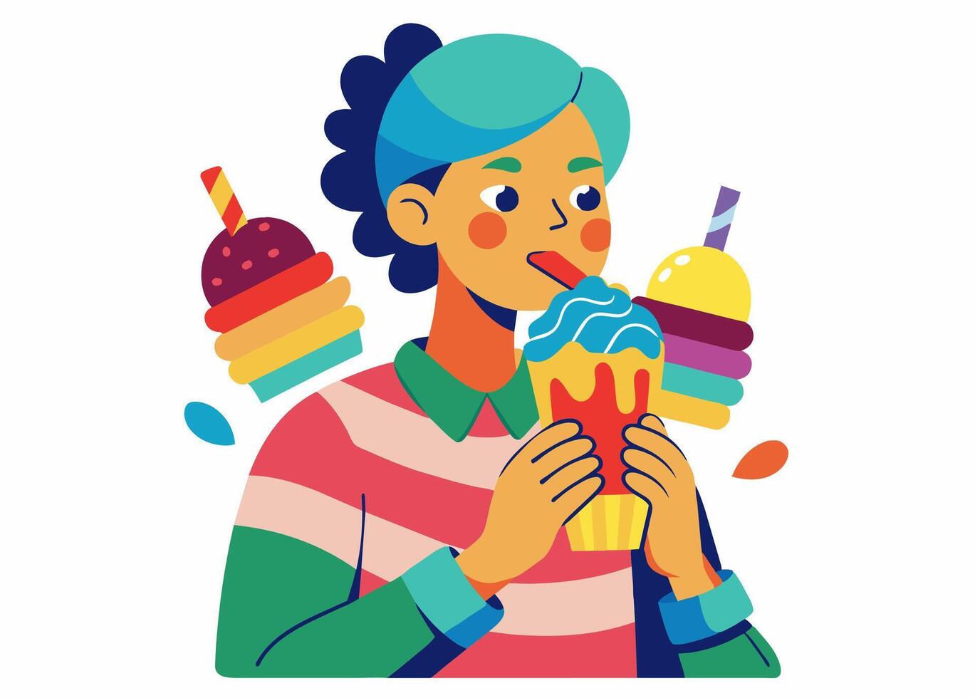 A woman eating ice cream with a bunch of different flavors vector
