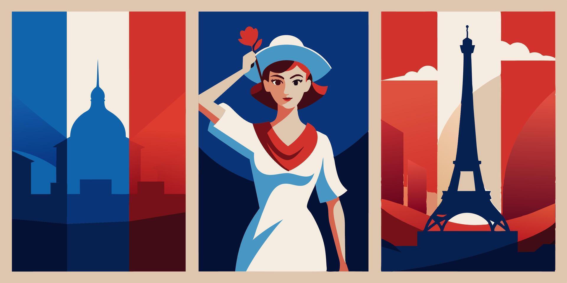 Three banners with the eiffel tower, the paris skyline and a woman vector
