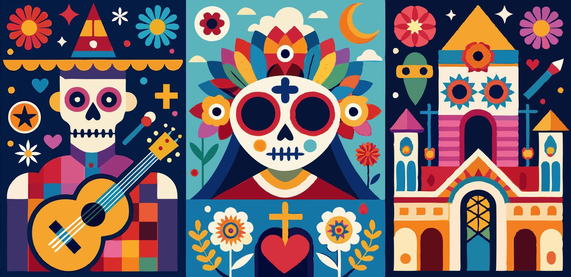 Day of the dead poster with colorful skulls and a guitar vector