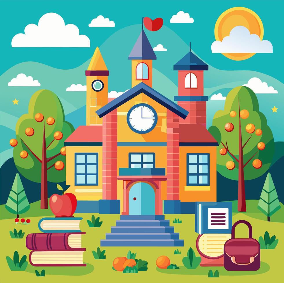 School building with books, clock and apple illustration vector