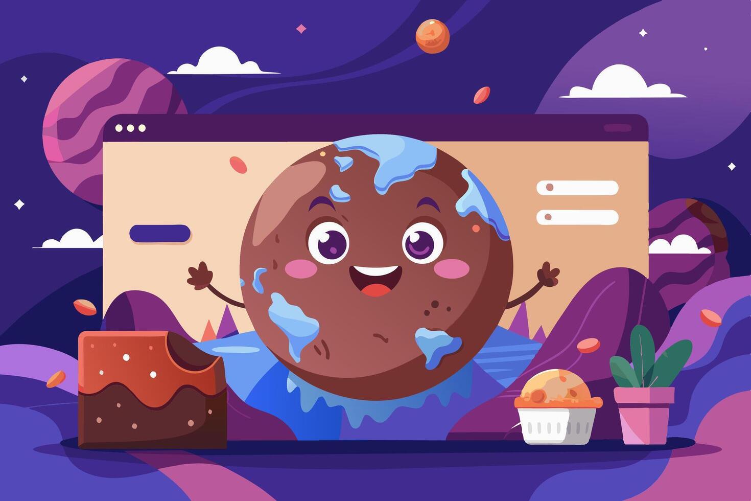 A cartoon character is holding a globe and a cup of coffee vector