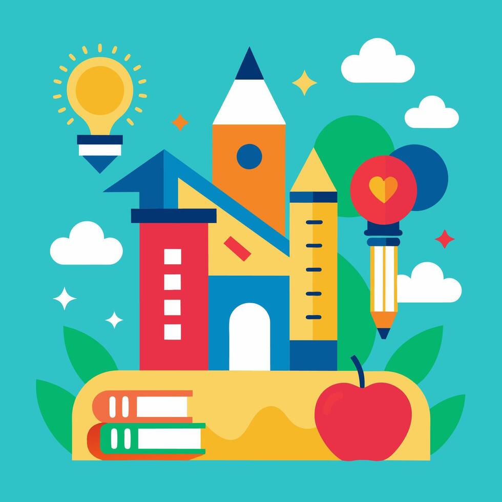 School building with apple, pencils, books and light bulb vector