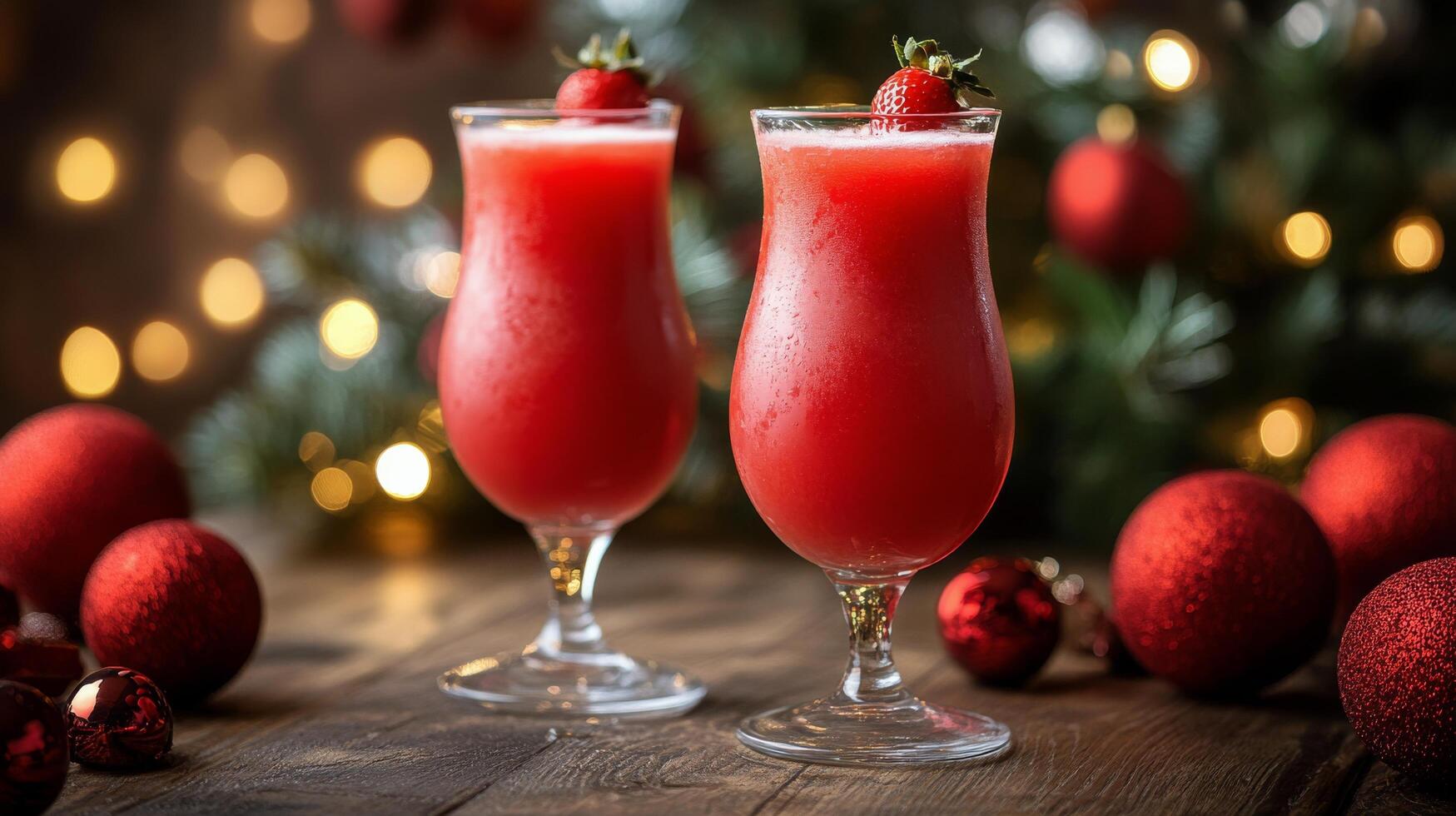 Festive holiday drinks adorned with flowers and ornaments against a shimmering, warm backdrop photo