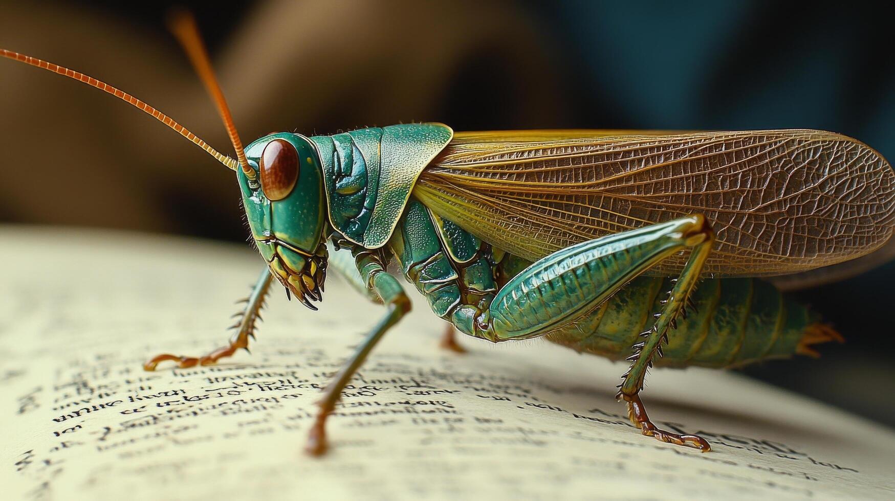 Colorful grasshopper perched on an open book with blurred background during daylight hours photo