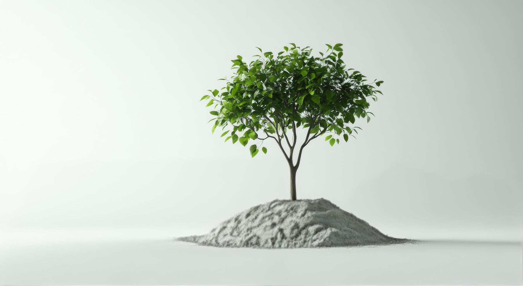 A solitary tree grows on a mound of stones against a minimalist background in soft lighting photo