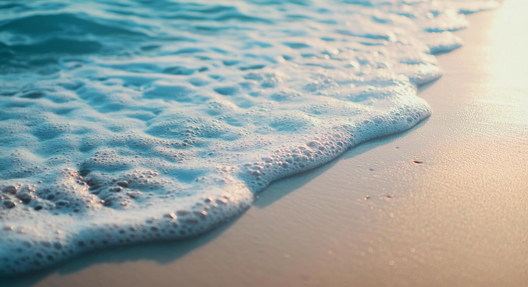 Gentle ocean waves lapping against the shore at sunset with soft golden light photo
