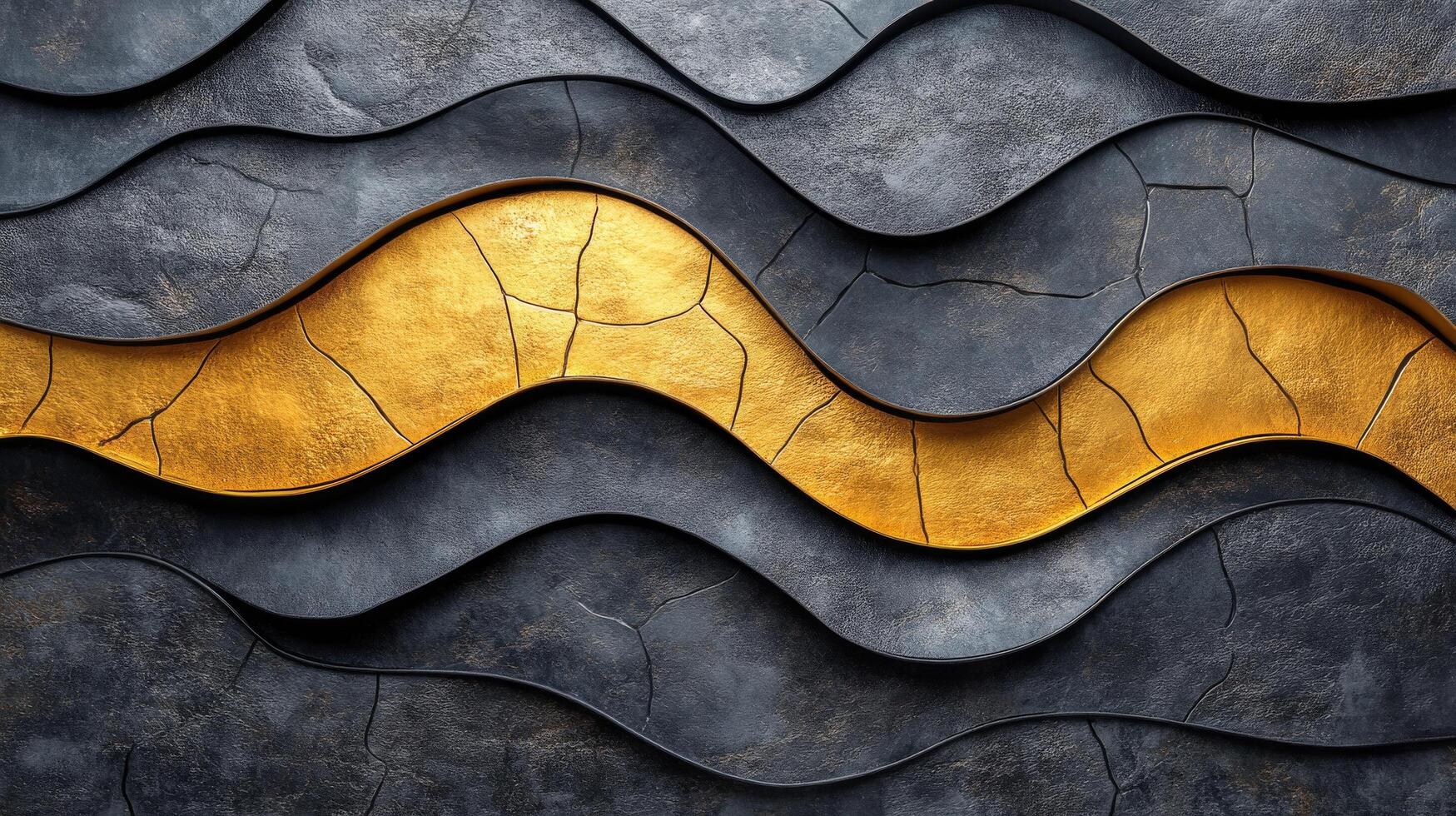 Textured black and gold surface with cracks showcasing an artistic blend of elements photo