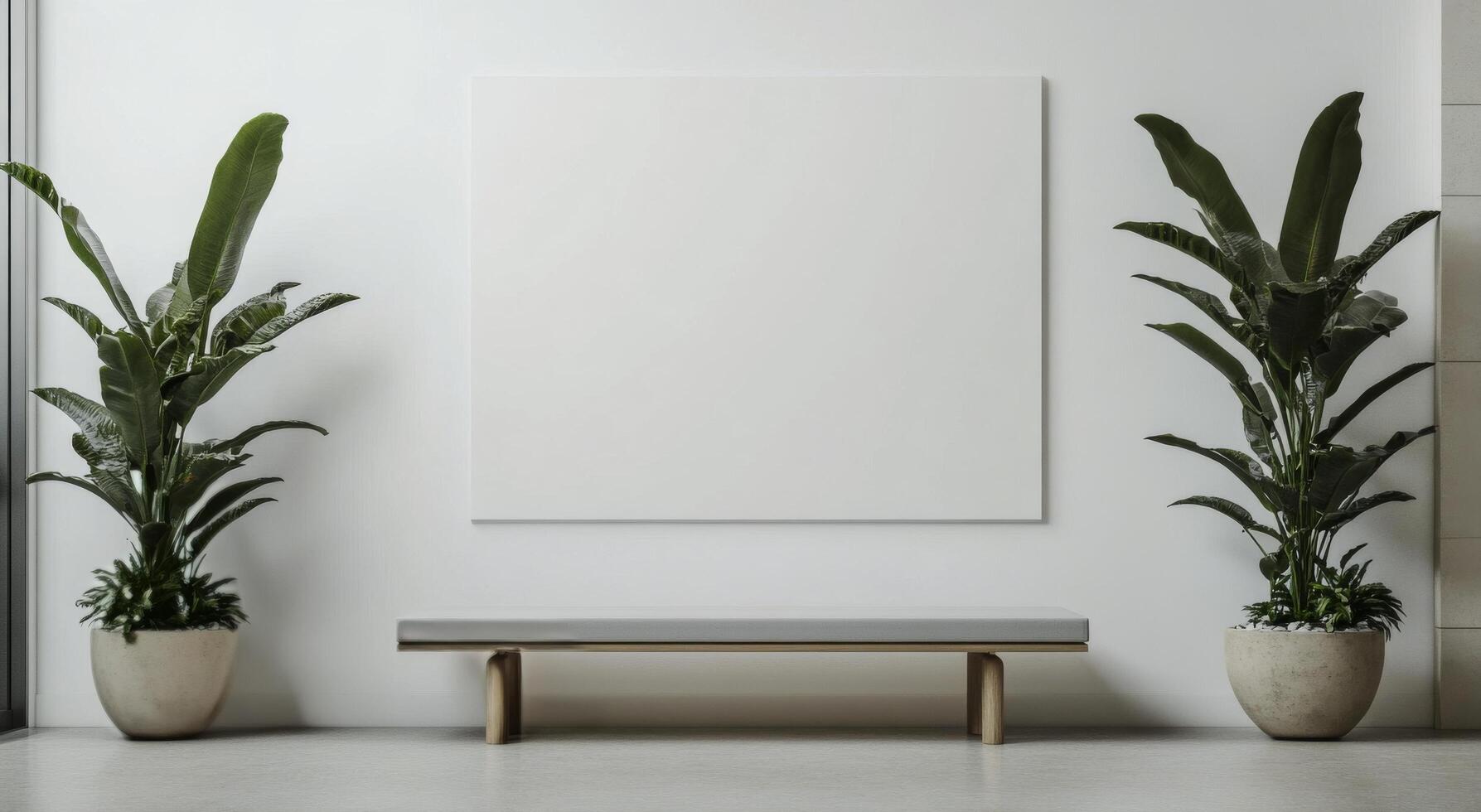 Modern minimalist interior design featuring plants and empty canvas in bright space photo
