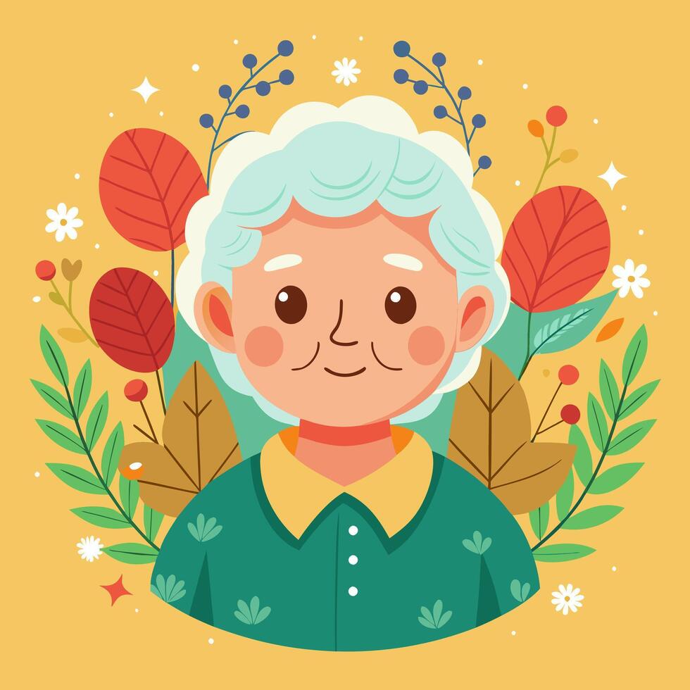 An illustration of an old woman with leaves around her vector