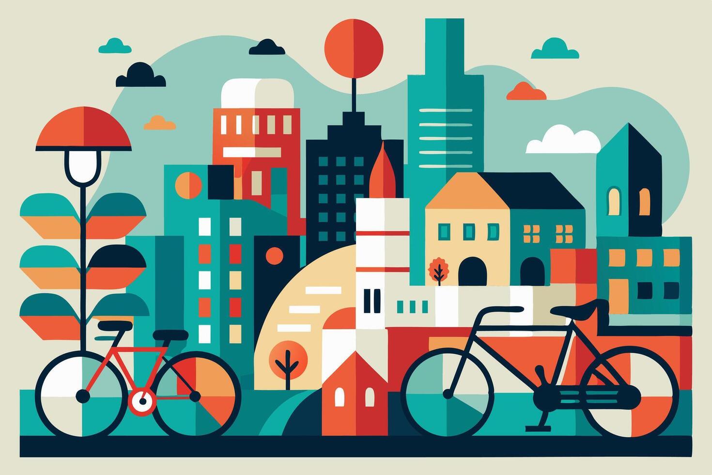 An illustration of a city with bicycles and buildings vector