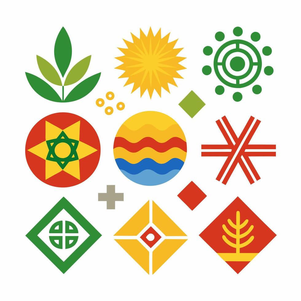 A set of symbols that include a sun, a leaf, a tree, a leaf, a vector