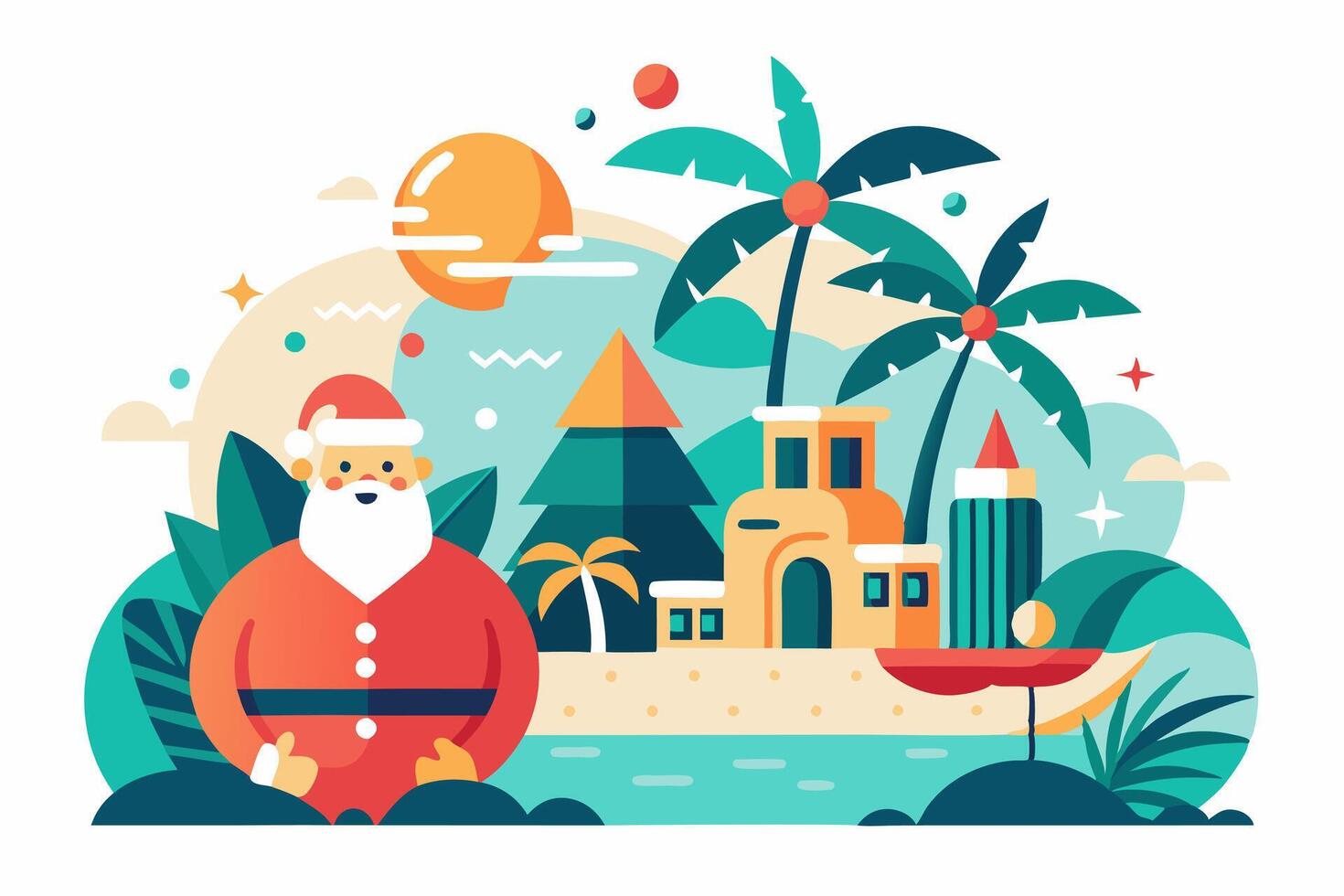 Santa claus on the beach with palm trees and a house vector