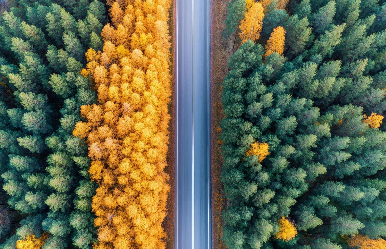 Aerial view of a winding road through vibrant autumn forest and evergreen trees in daylight photo