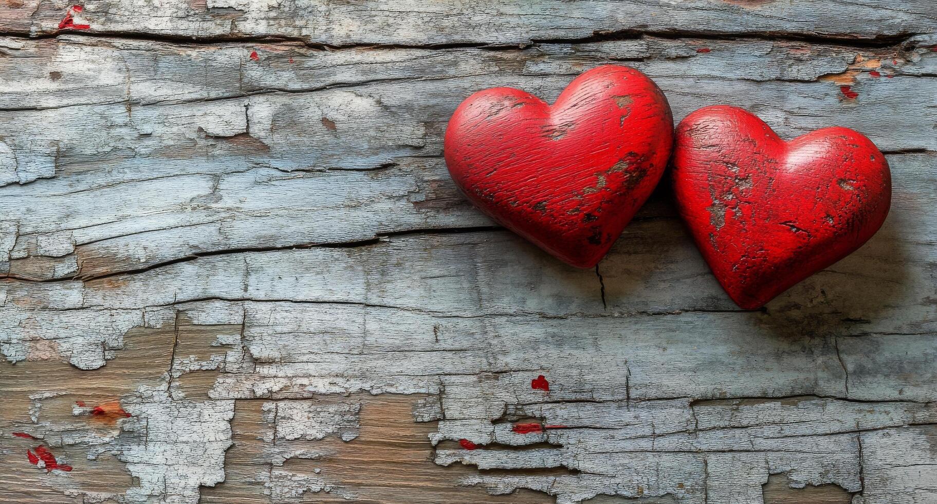 Three red decorative hearts resting on a rustic wooden table in soft natural light photo