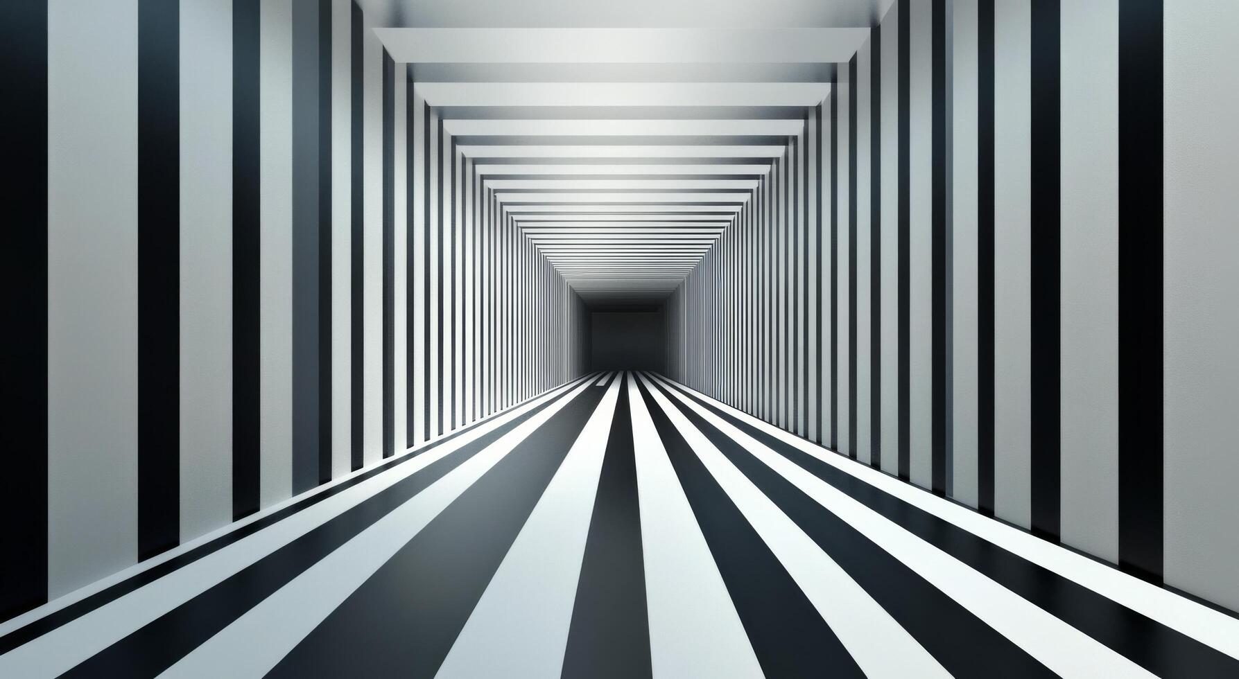 Striking black and white striped hallway with an overhead skylight in a modern building photo