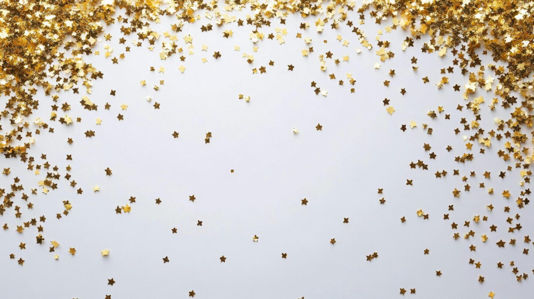 A blank white frame surrounded by gold confetti on a light background during a celebration photo