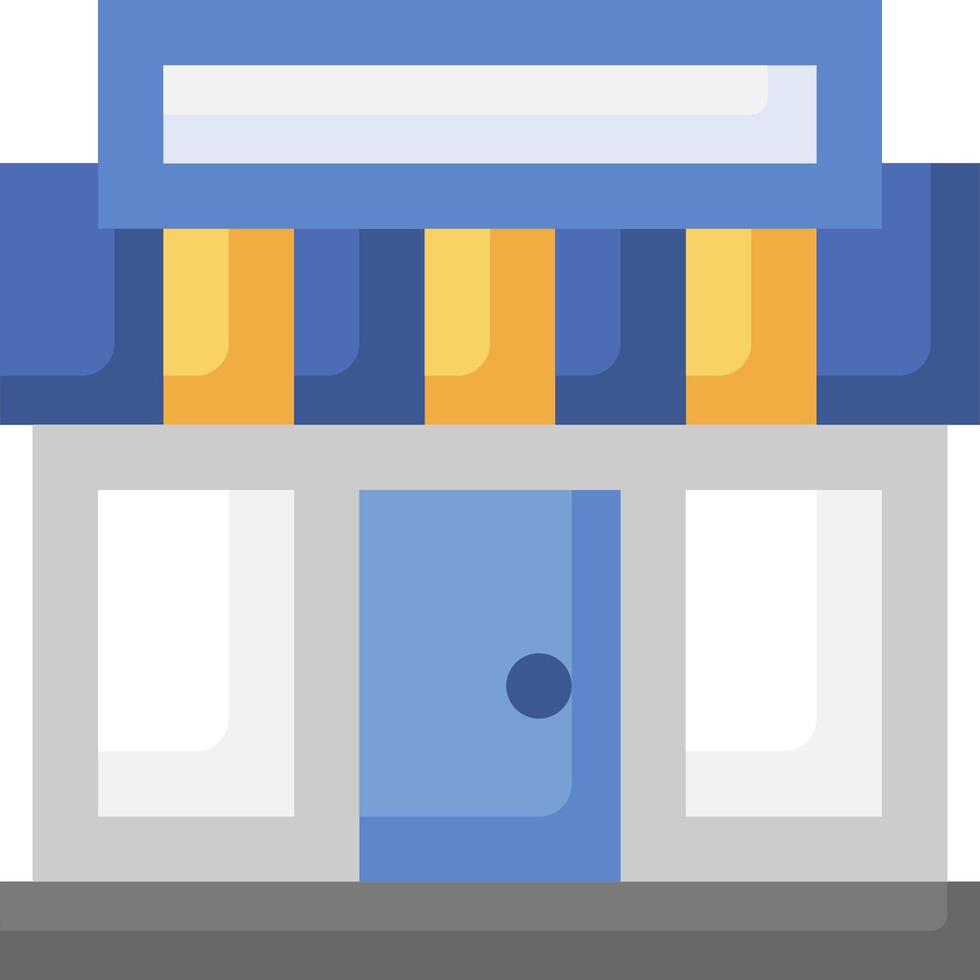 A small business building with a blue and yellow awning vector
