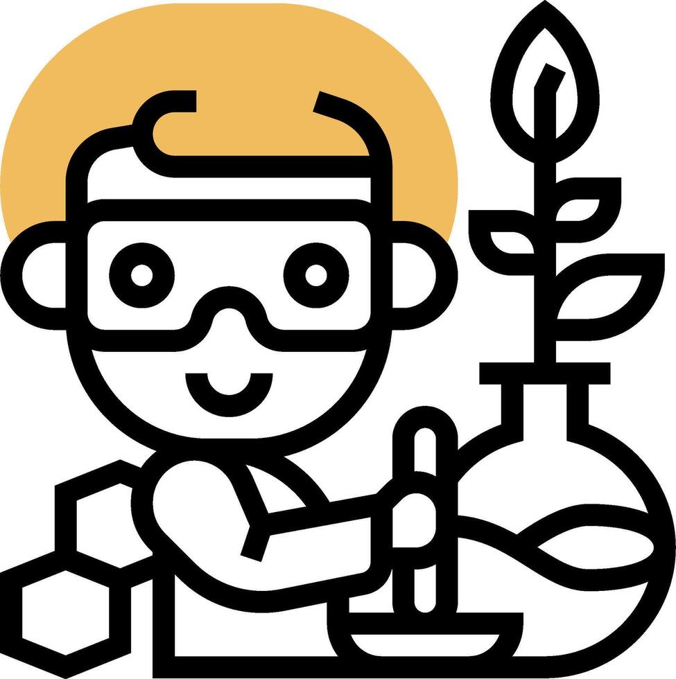 A cartoon boy in a lab coat and goggles is holding a plant vector