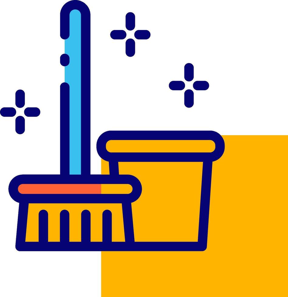 A yellow and blue icon with a broom and bucket vector