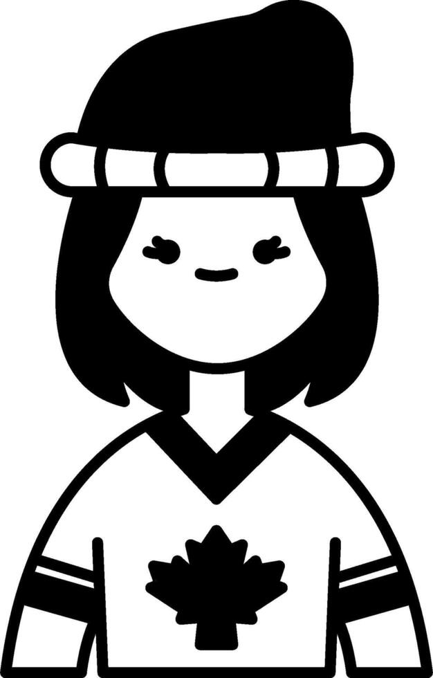 A black and white illustration of a girl wearing a maple leaf hat vector