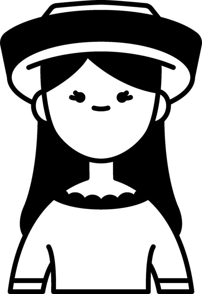 A black and white cartoon woman with a hat vector