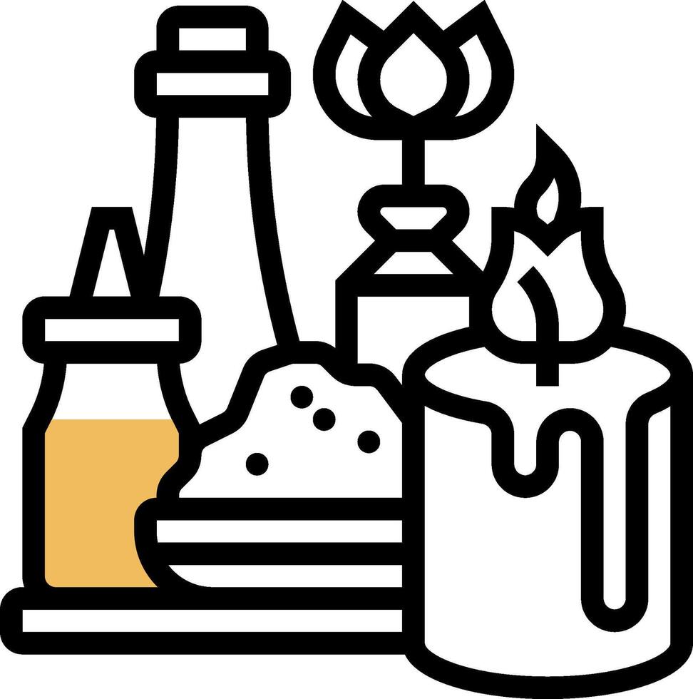 A black and white illustration of a candle, a bottle and a bowl vector