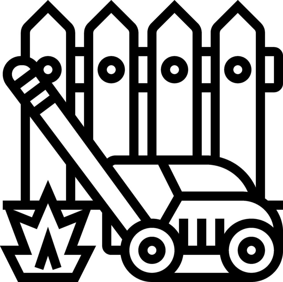 A black and white drawing of a fire truck and a fence vector