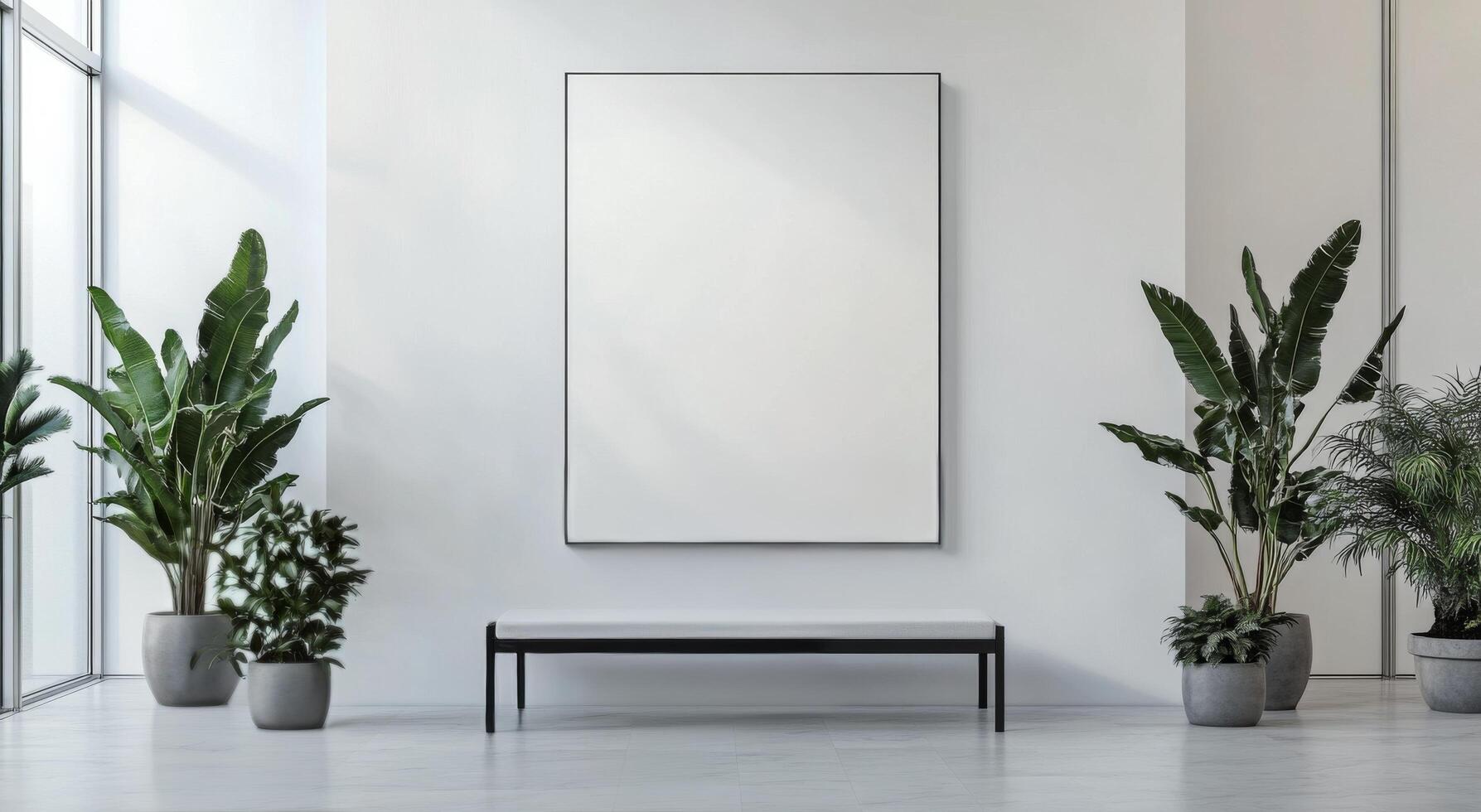 Modern minimalist interior design featuring plants and empty canvas in bright space photo