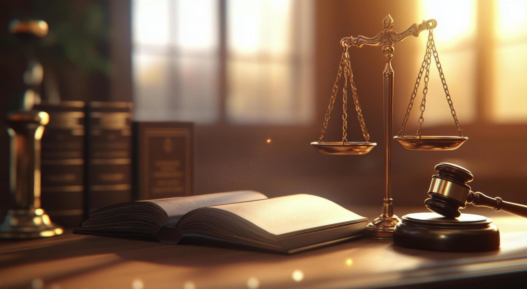 Golden scales of justice balanced beside a gavel and legal books in a law office library photo
