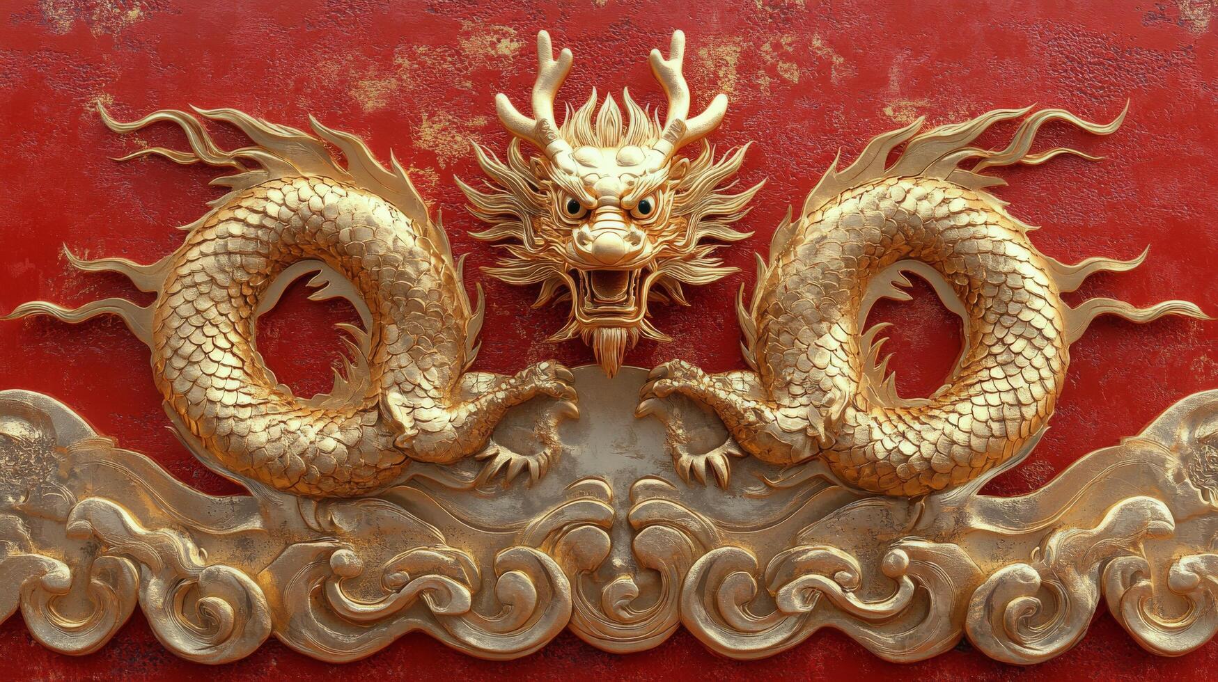 Golden dragon relief on a red background depicting cultural symbolism in traditional art photo