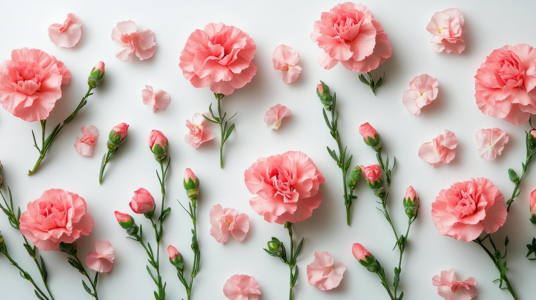Delicate pink carnations arranged beautifully with scattered petals on a white background photo