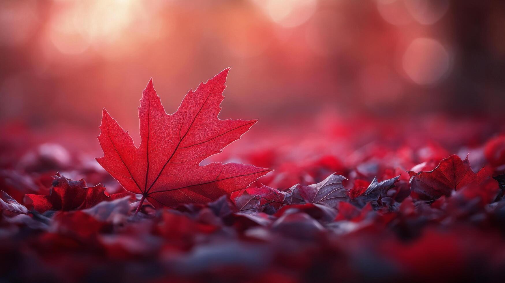Vibrant red maple leaves illuminated by soft blue bokeh background in autumn daylight photo