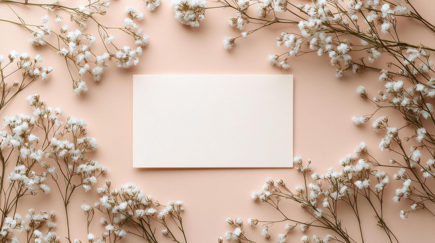 Elegant floral arrangement with empty card on soft pink background for creative messaging photo