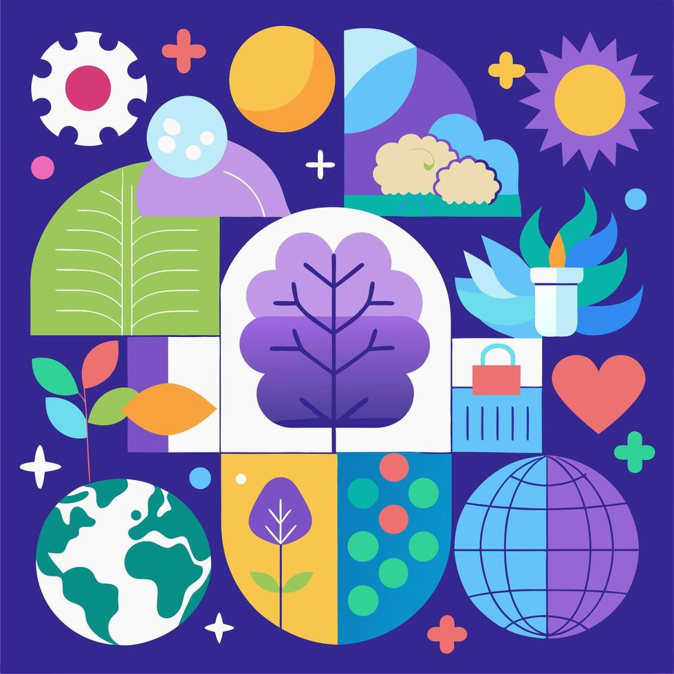 An illustration of a tree, earth, and other objects vector