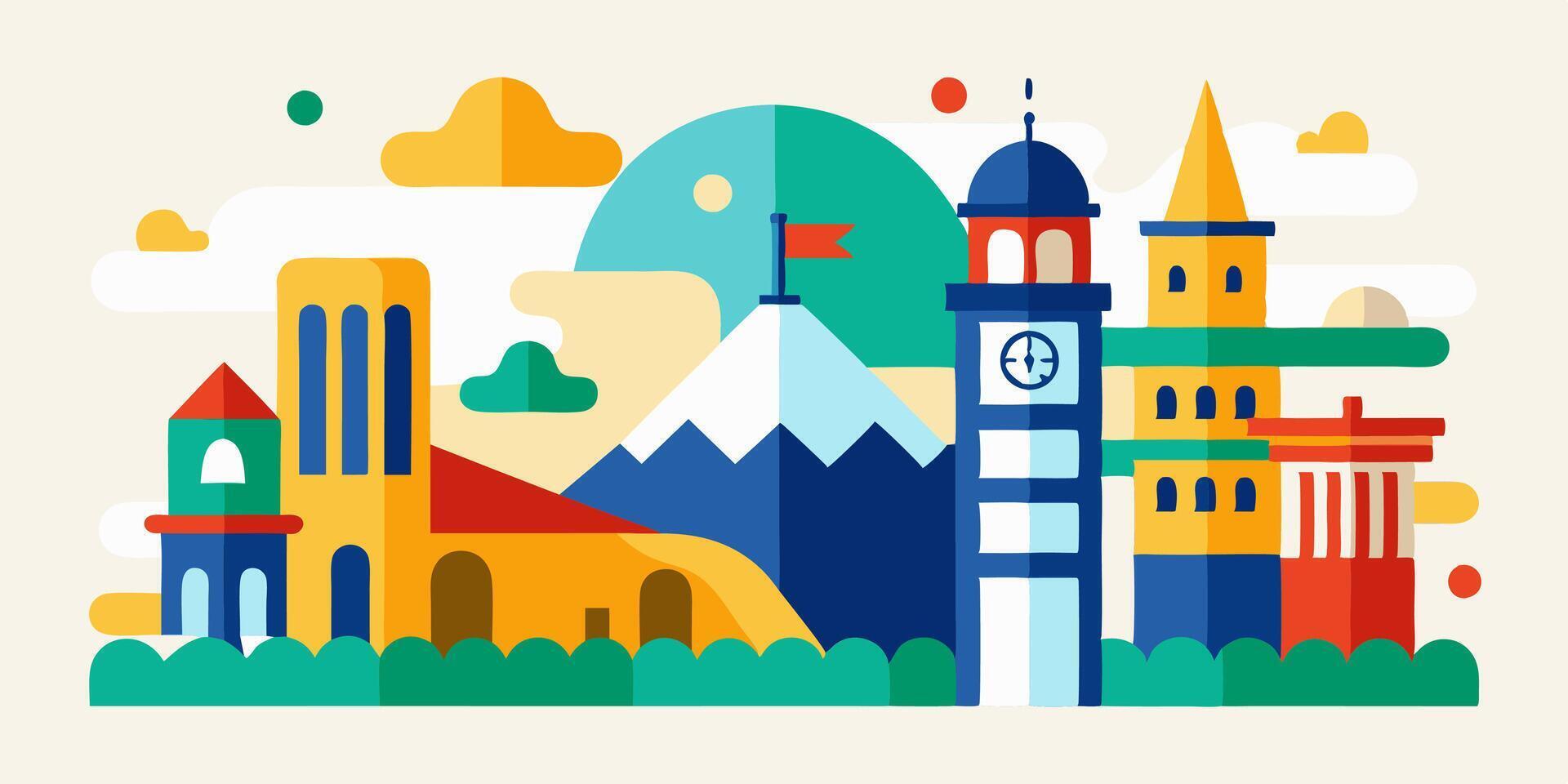 A colorful illustration of a city with buildings vector