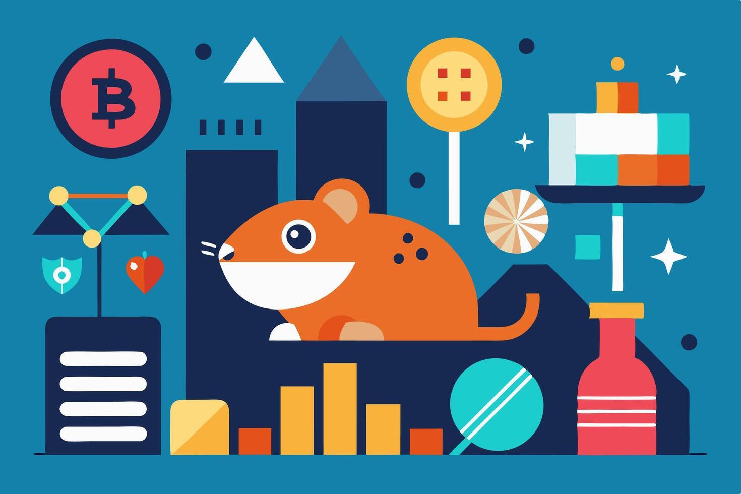 A mouse is sitting on a pile of coins and other items vector