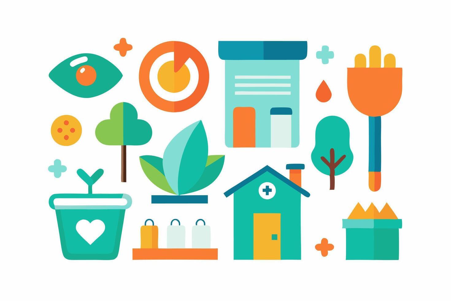 A flat icon set of various objects including a house, tree, and other items vector