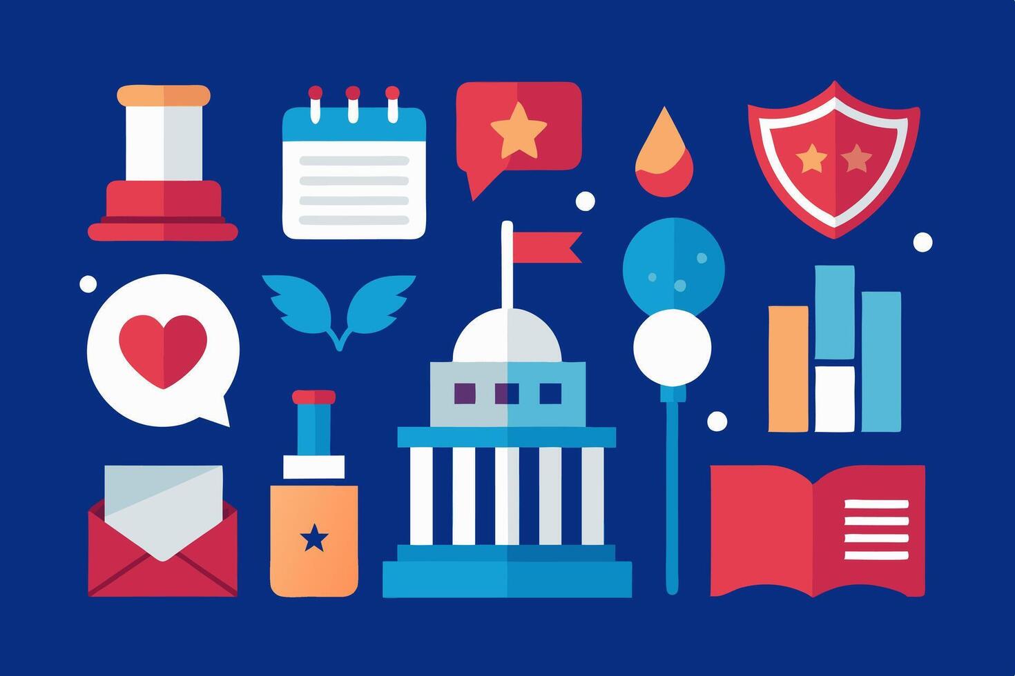 A flat design of various icons that include a flag, a heart, a shield, a shield vector